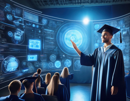 Graduates gather to celebrate their accomplishments while observing an engaging presentation.の素材