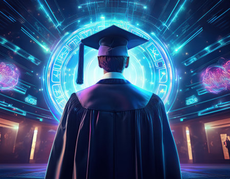 A graduate in cap and gown stands before a stunning digital display, ready for new possibilities.の素材