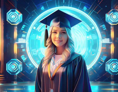 Confident graduate proudly displays their academic success in a vibrant, imaginative setting.の素材