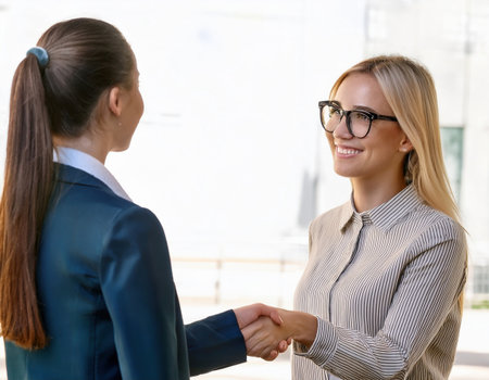 Two women exchange a warm handshake, symbolizing their achievements and future together.の素材