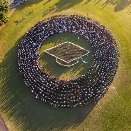 Graduates gather in a circular formation creating a unique cap design under the sun.の素材
