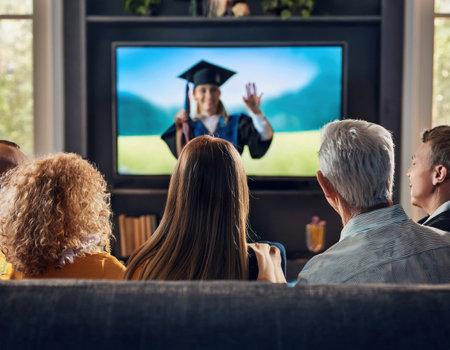 Friends and family watch a loved one graduate, excitement and happiness filling the room.の素材