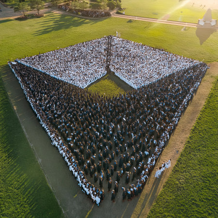 Graduates create a unique pattern on the grass as they celebrate their achievements.の素材