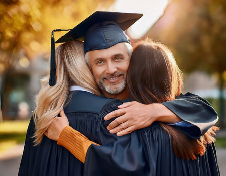 Three graduates embrace each other warmly under golden sunlight, filled with happiness and pride.の素材