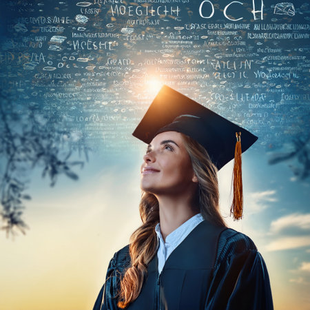 A joyful graduate gazes upward, embracing moments of success and aspirations for the future.の素材