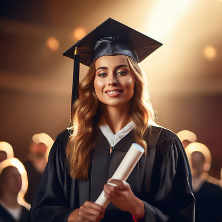 A proud graduate beams with joy, holding her diploma, surrounded by fellow graduates in caps.の素材