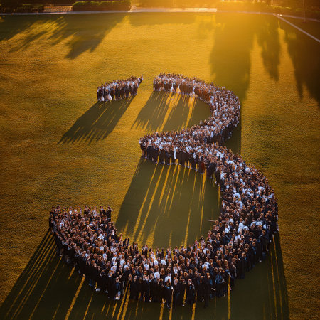 Graduates form up, casting long shadows as they celebrate their achievements at sunset.の素材