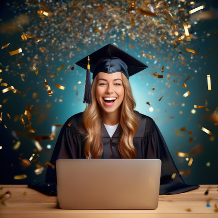 A young graduate beams amid golden confetti, radiating excitement and triumph.の素材