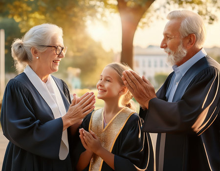 Excitement fills the air as a young graduate shares smiles with proud grandparents on a warm day.の素材