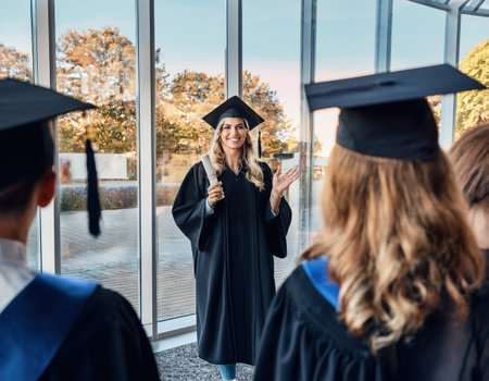 Friends gather as a graduate proudly shares her achievement in an inviting venue.の素材