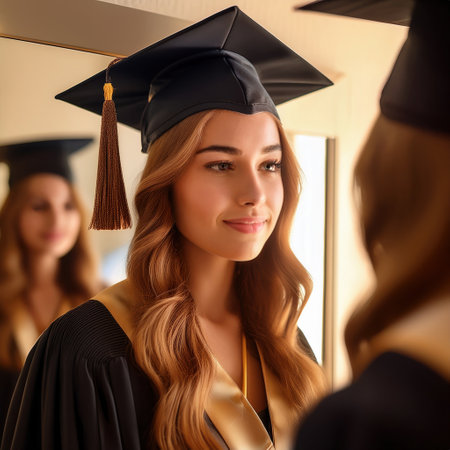 A graduate in cap and gown stands proudly before a mirror, reflecting on their achievements.の素材