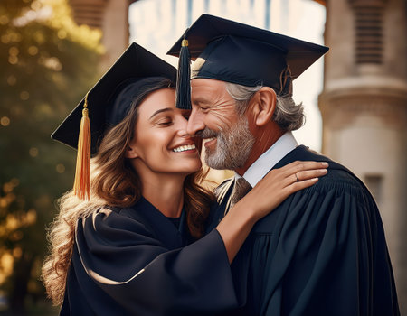 Joyful embrace between a graduate and her father, celebrating a significant milestone outdoors.の素材