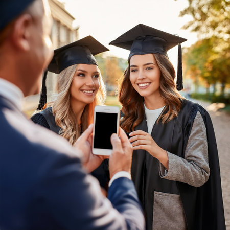 Two graduates in caps and gowns smile as a proud mentor snaps their achievement.の素材
