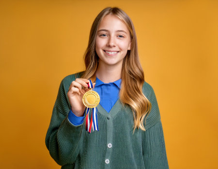 A graduate beams with joy, holding a shining gold medal in front of a vibrant yellow backdrop.の素材