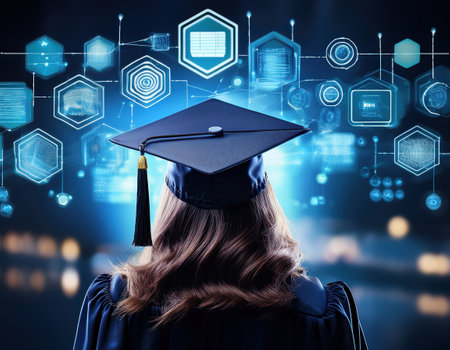 A proud graduate in cap and gown stands joyful as digital symbols float around them.の素材
