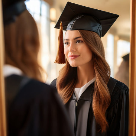 A young woman dressed in a cap and gown reflects on her accomplishments and future.の素材