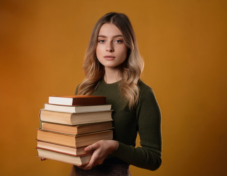 A young adult proudly showcases a collection of books, symbolizing academic success and dedication.の素材