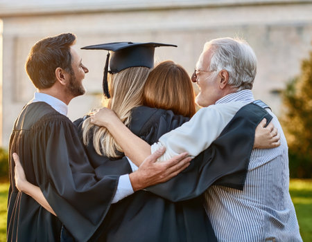 Friends and family gather to celebrate a graduate in her cap and gown.の素材