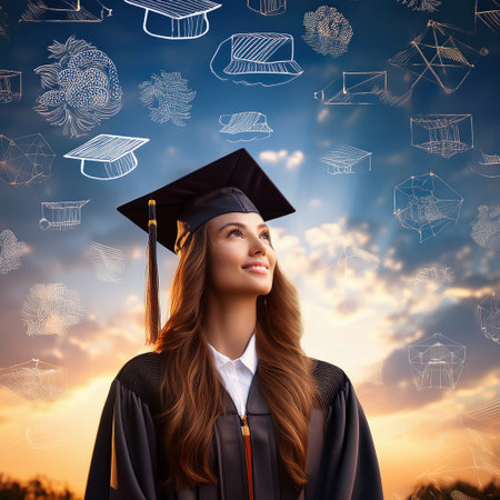 A proud graduate looks up at a vivid sunset, dreaming of future possibilities and success.の素材