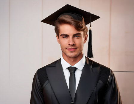 A proud young man stands wearing a graduation cap and formal gown, ready to embrace the future.の素材