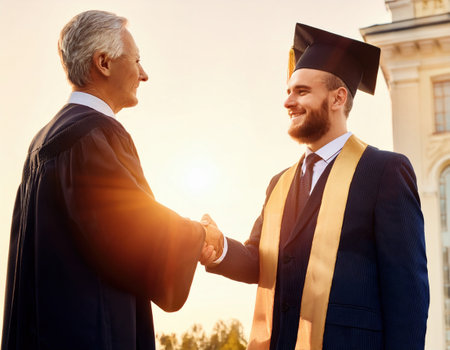 Celebration of academic achievement under a bright sky as a graduate smiles and shakes hands.の素材