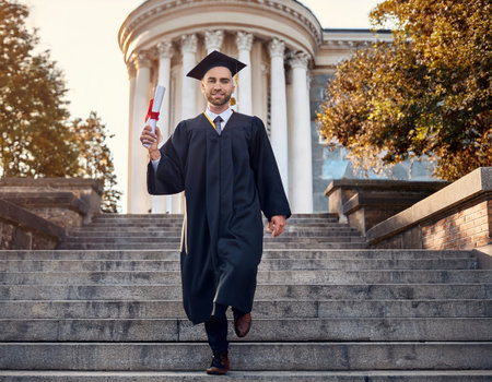 A proud graduate descends the grand staircase, diploma in hand, beaming with joy.の素材