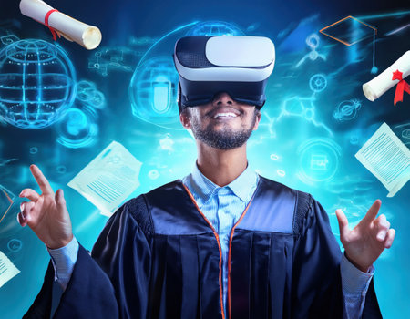 A graduate in cap and gown joyfully embraces a new reality with VR goggles.の素材