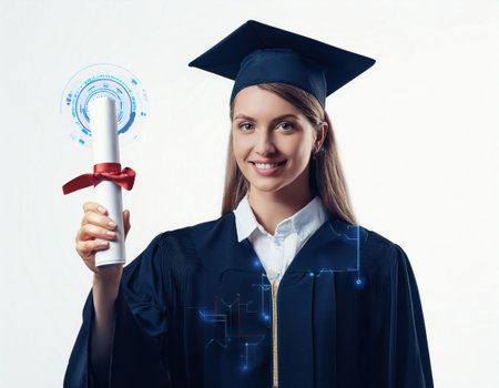 A joyful graduate holds her diploma with pride, celebrating a significant milestone in her life.の素材