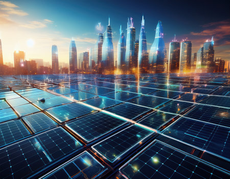 illustration of a vibrant urban skyline emerges against the backdrop of innovative solar panel arrays.の素材