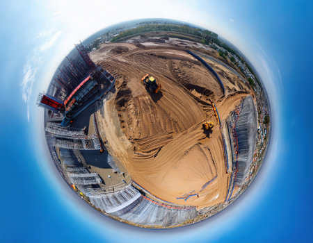 Heavy machinery moves earth and prepares foundation for a large construction project.の素材