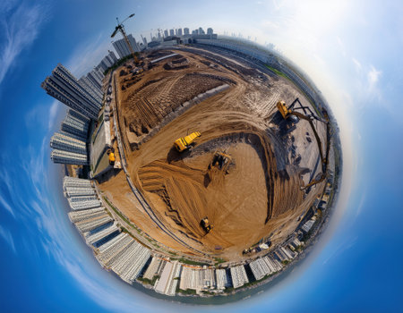 Heavy machinery moves earth at a vibrant construction site, transforming the urban landscape.の素材