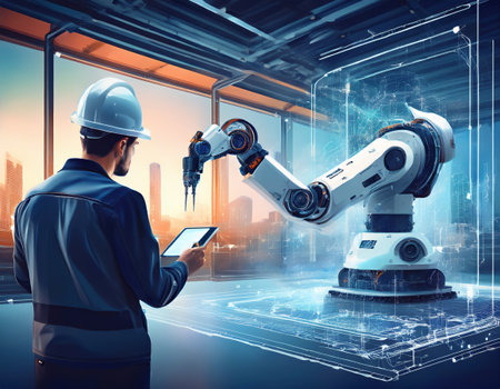 An industrial engineer monitors a robotic arm's precision work from a tablet during sunset.の素材