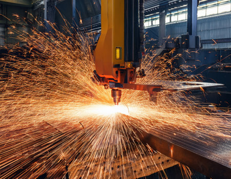 An advanced laser cutter operates on heavy metal, producing intense sparks in the workshop.の素材