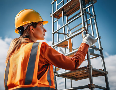 A construction worker carefully approaches a strong scaffolding under a clear blue sky.の素材