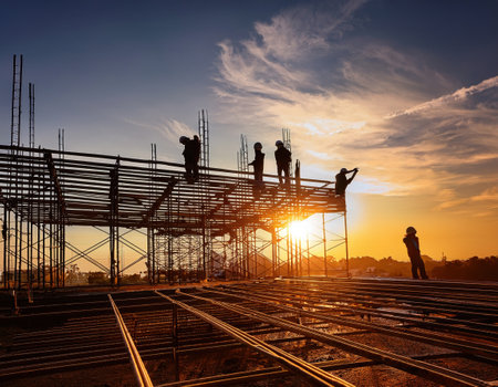 Workers diligently build a large structure while a stunning sunset illuminates the sky.の素材