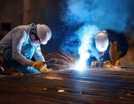 Skilled workers use welding tools to join steel beams as sparks fly in an industrial setting.の素材