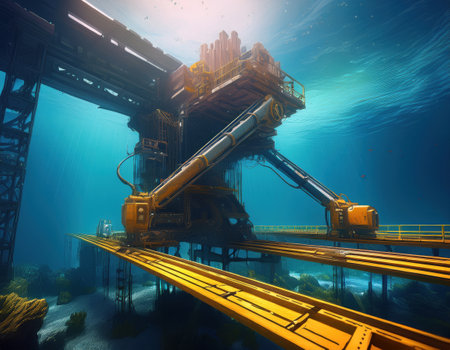 Workers engage in complex engineering at a massive underwater structure, highlighting efficiency.の素材