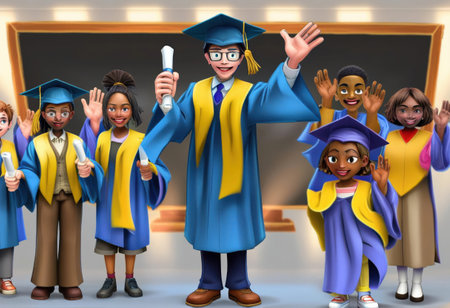 Graduates in colorful gowns celebrate their accomplishments with joy and excitement.の素材