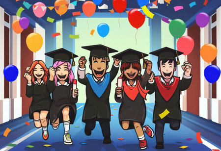 Students in caps and gowns joyfully run down a colorful hallway, celebrating graduation.の素材