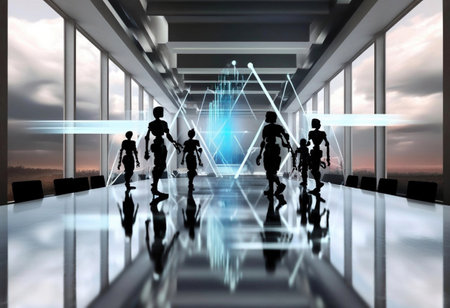 Robots collaborate in a sleek conference room, showcasing the future of scientific innovation.の素材