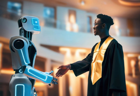 A student in graduation attire shakes hands with a humanoid robot in an advanced environment.の素材