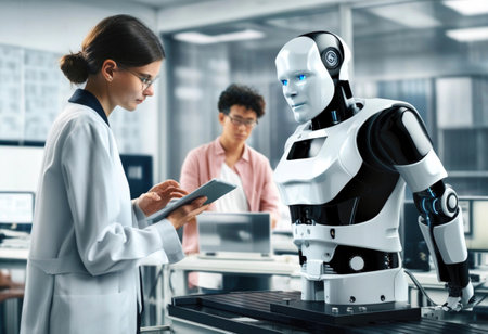 Scientists engage with cutting edge robotic technology to enhance artificial intelligence research.の素材