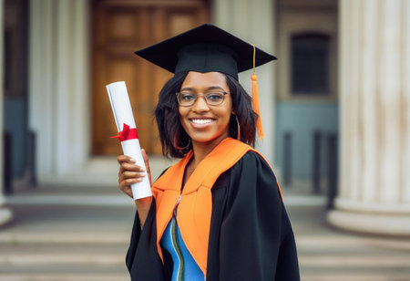 A joyous graduate in a cap and gown holds a diploma against a classic backdrop.の素材