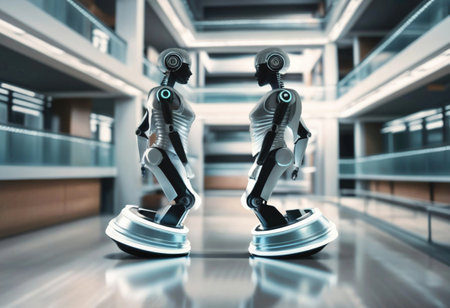 Robots showcase artificial intelligence capabilities in a sleek, high tech environment.の素材