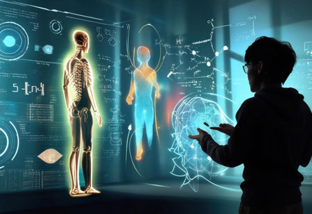 A researcher uses holographic displays of anatomy and intelligence metrics in a lab.の素材