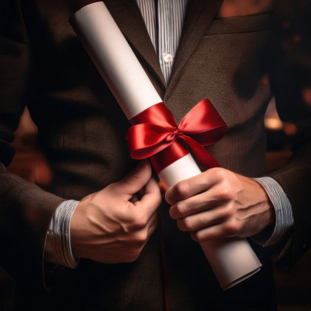 A proud graduate holds a rolled diploma with a red ribbon, celebrating a moment of success.の素材