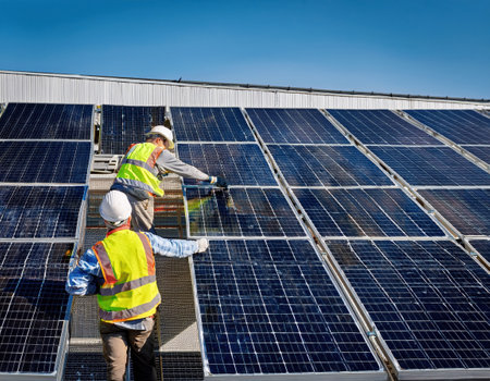 Two workers carefully install solar panels on a rooftop, enhancing renewable energy efforts.の素材