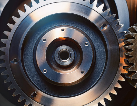 Close-up of metallic gears showcasing their intricate design and industrial craftsmanship.の素材