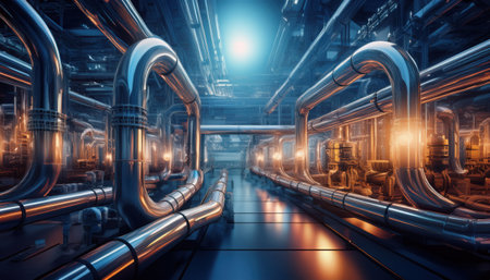 Steel pipes intertwine in a futuristic industrial setting illuminated by vibrant lights.の素材