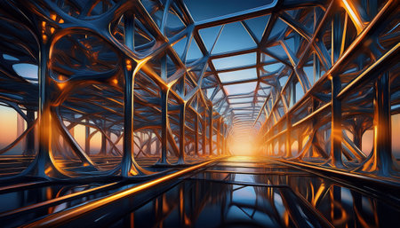 Explore a modern industrial space showcasing intricate design and warm lighting.の素材